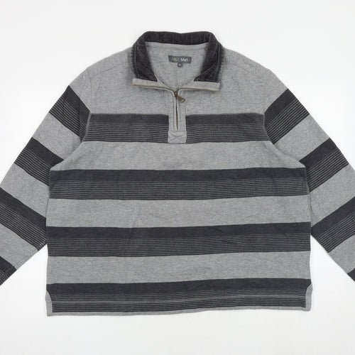 Marks and Spencer Mens Grey Striped Cotton Henley Sweatshirt Size XL - Elbow Patches