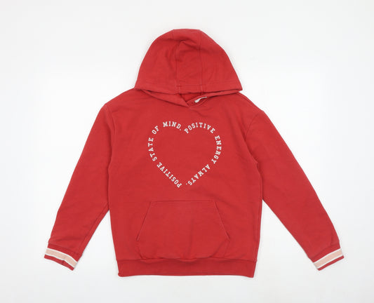 Marks and Spencer Girls Red Cotton Pullover Hoodie Size 11-12 Years Pullover - Heart