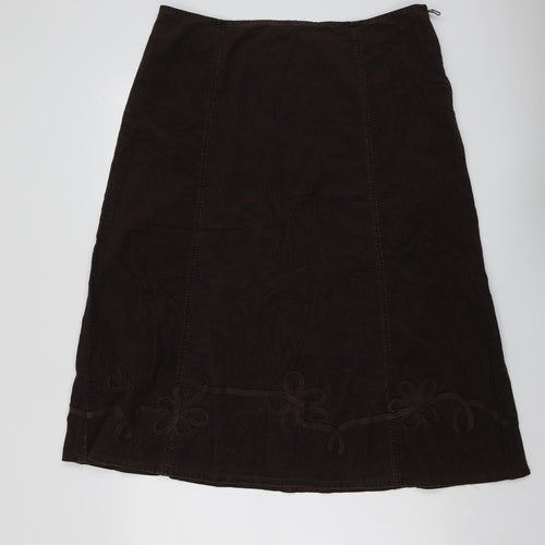 Marks and Spencer Womens Brown Cotton A-Line Skirt Size 18 Zip - Flower Detail