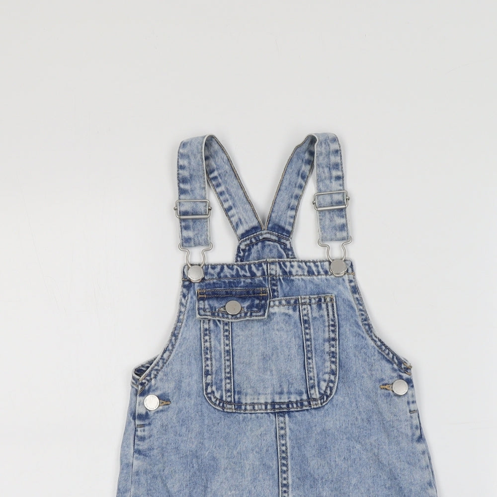 NEXT Girls Blue Cotton Pinafore/Dungaree Dress Size 5-6 Years Square Neck Buckle