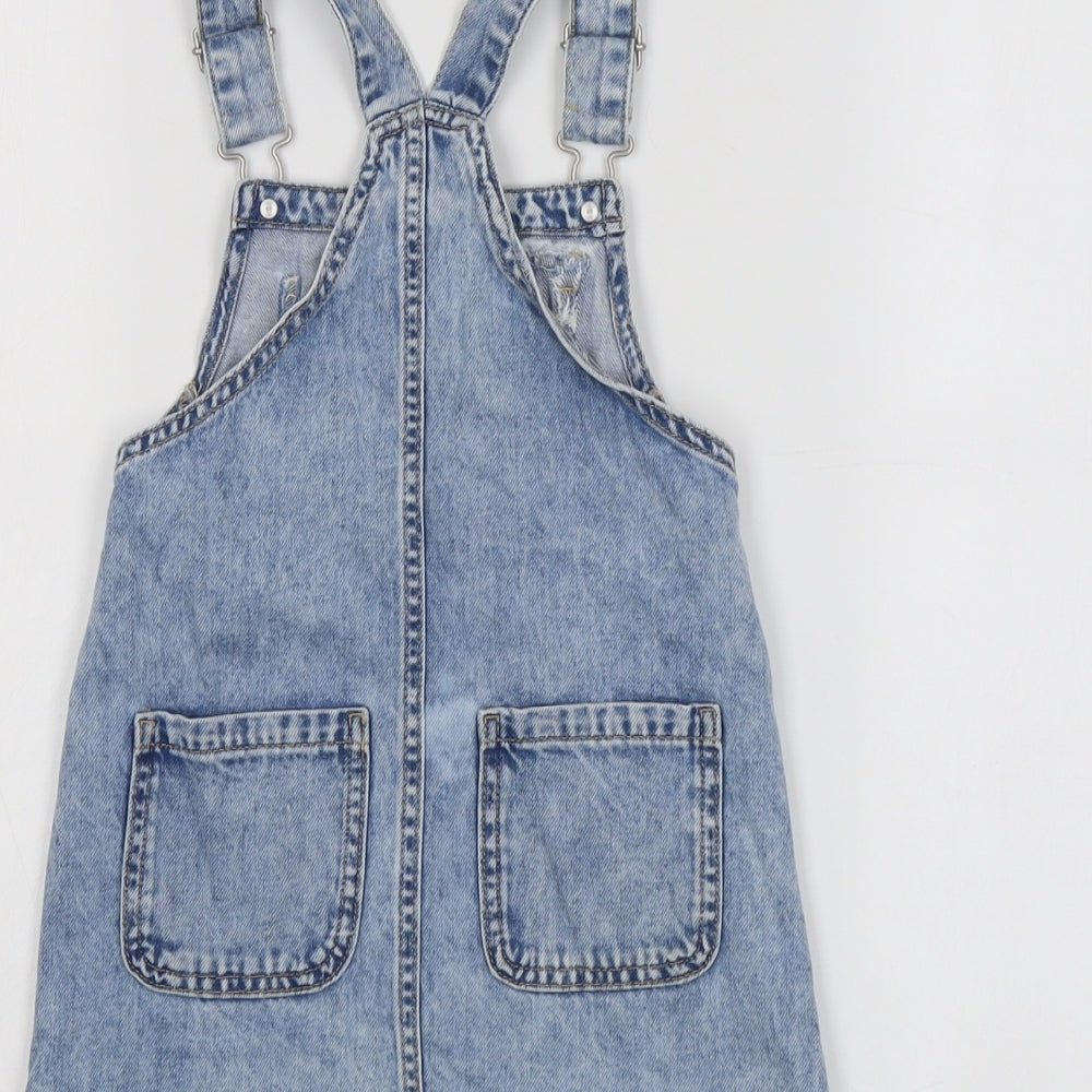 NEXT Girls Blue Cotton Pinafore/Dungaree Dress Size 5-6 Years Square Neck Buckle