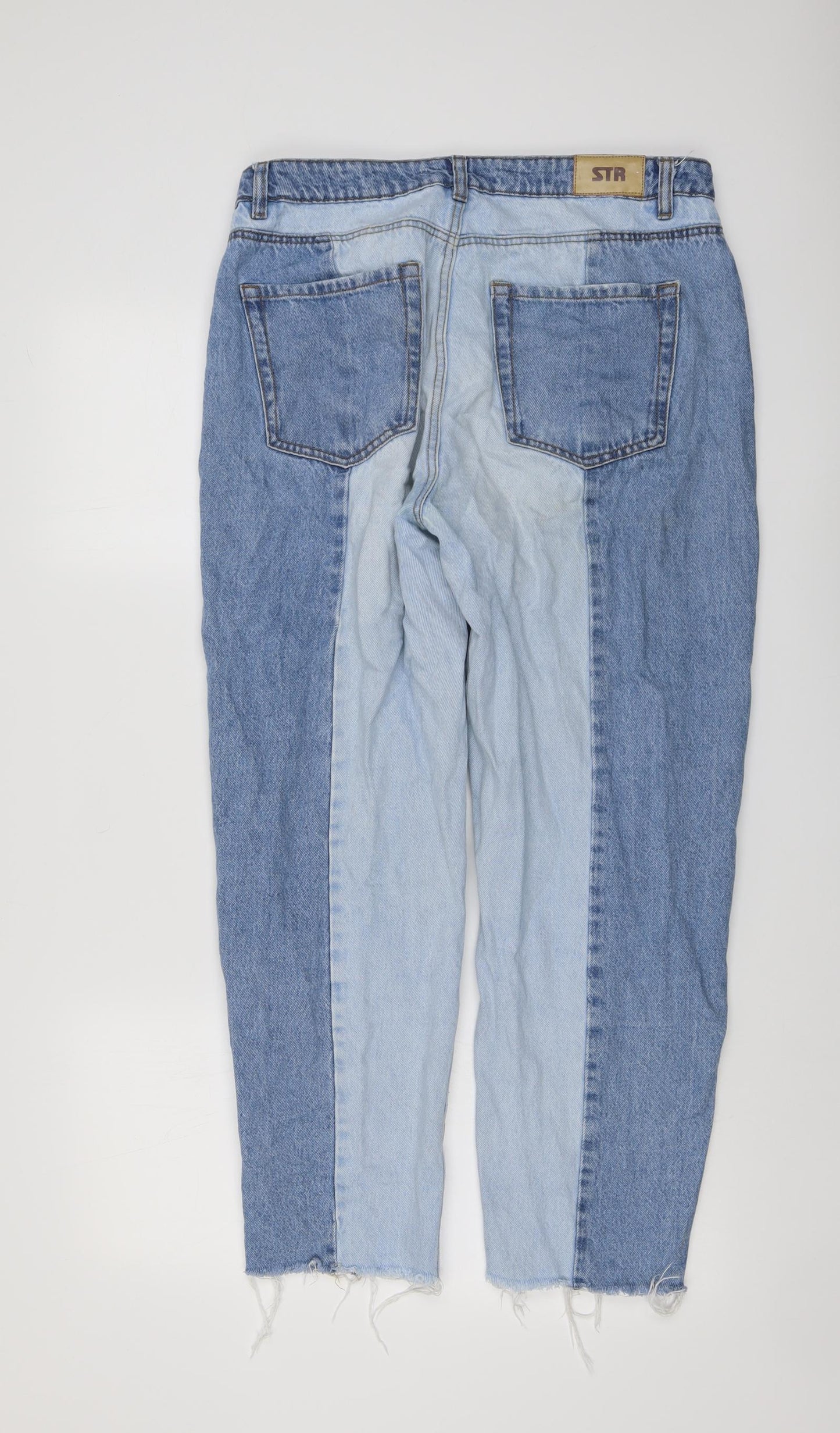 STR Womens Blue Cotton Mom Jeans Size 14 L26 in Regular Button - Distressed Hem