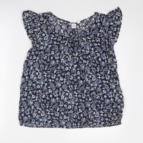 Gap Womens Blue Geometric Cotton Basic Blouse Size S Round Neck