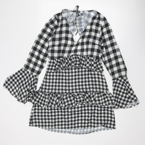 Boohoo Womens Grey Check Polyester Mini Size 12 V-Neck Zip - Bell Sleeve