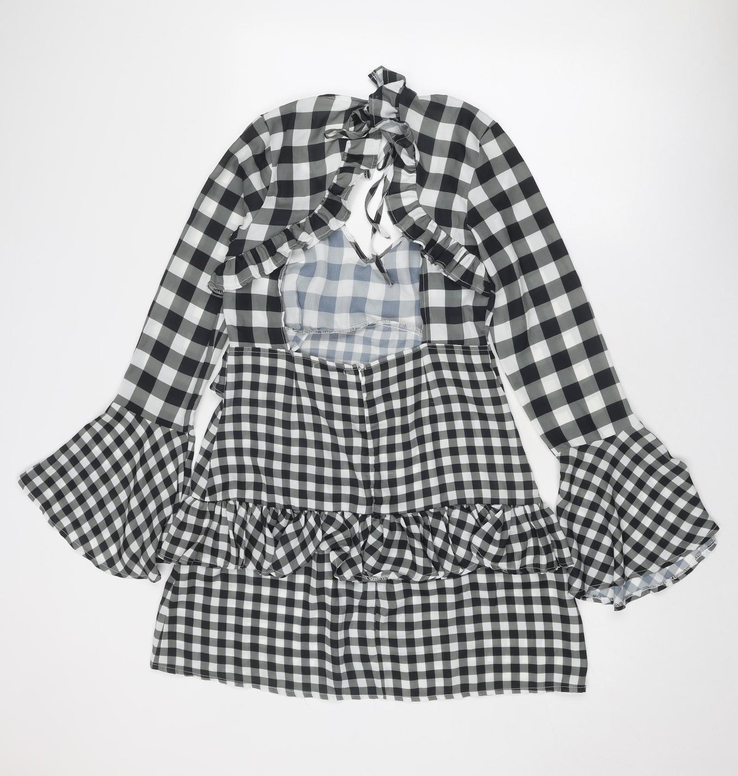 Boohoo Womens Grey Check Polyester Mini Size 12 V-Neck Zip - Bell Sleeve