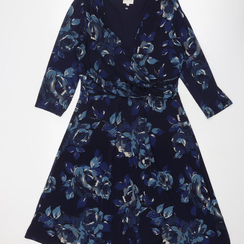 EAST Womens Blue Floral Polyester A-Line Size 12 V-Neck Pullover - Twist Front Detail
