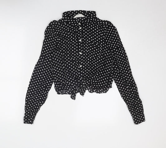 H&M Girls Black Polka Dot Viscose Basic Button-Up Size 15 Years Collared Button