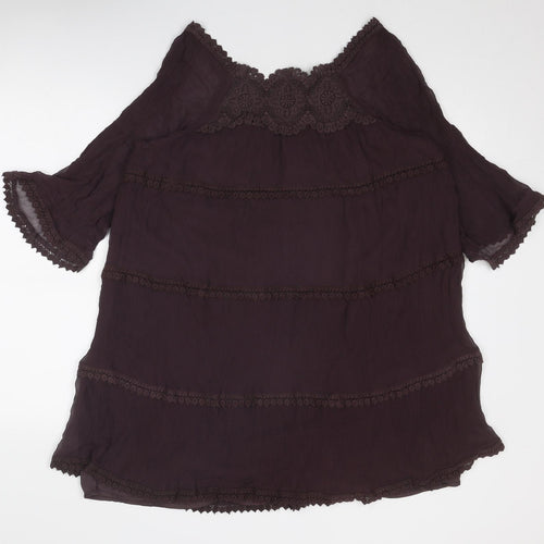 Darling Womens Purple Silk Tunic Blouse Size XL Boat Neck - Crocheted Lace Detail