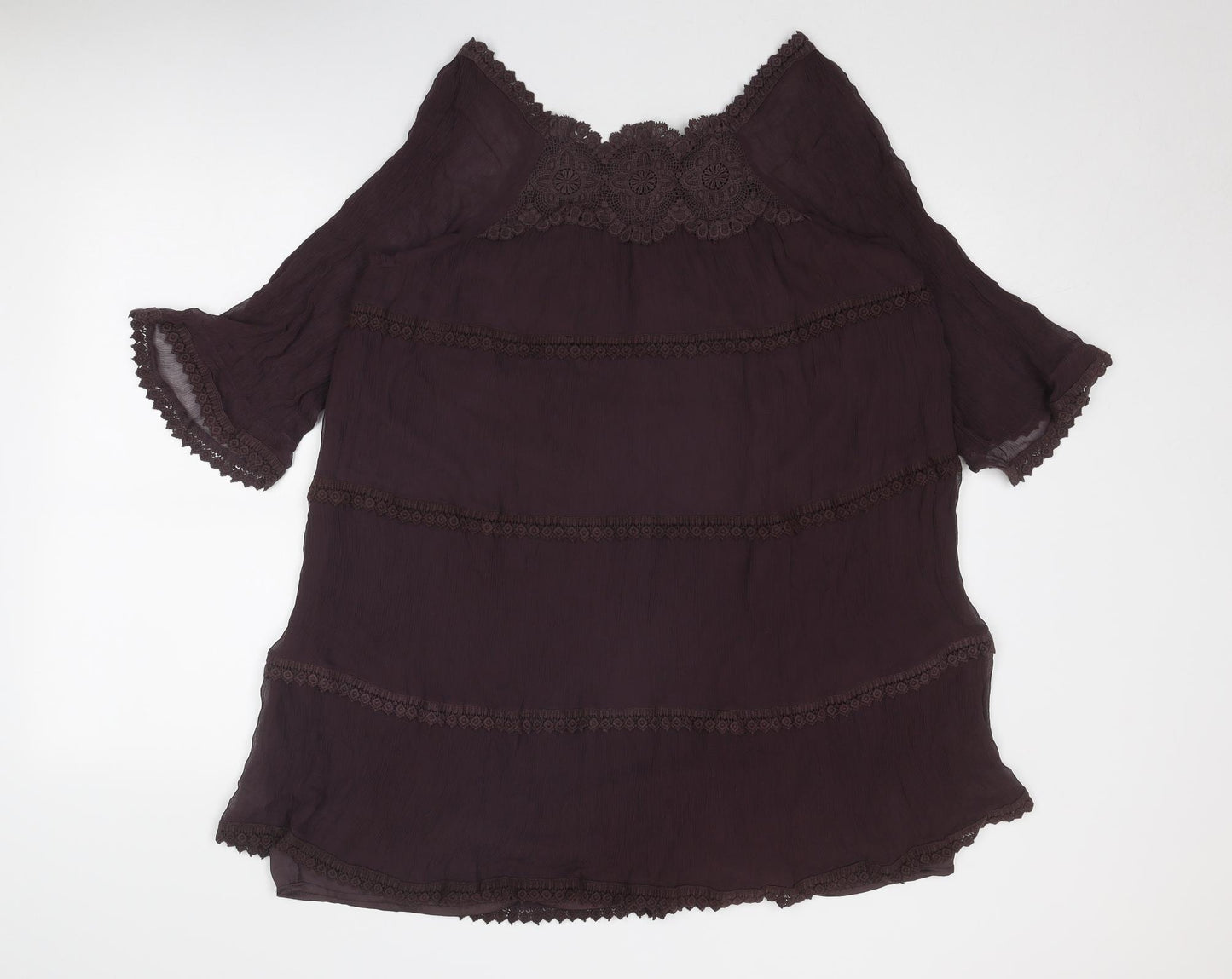 Darling Womens Purple Silk Tunic Blouse Size XL Boat Neck - Crocheted Lace Detail