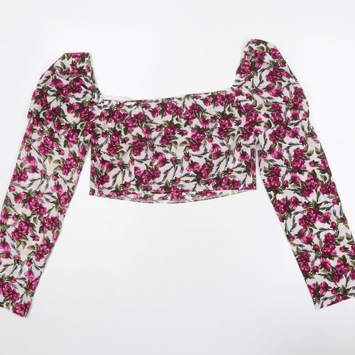 NaaNaa Womens Purple Floral Polyester Cropped Blouse Size 12 Square Neck - Rose Print