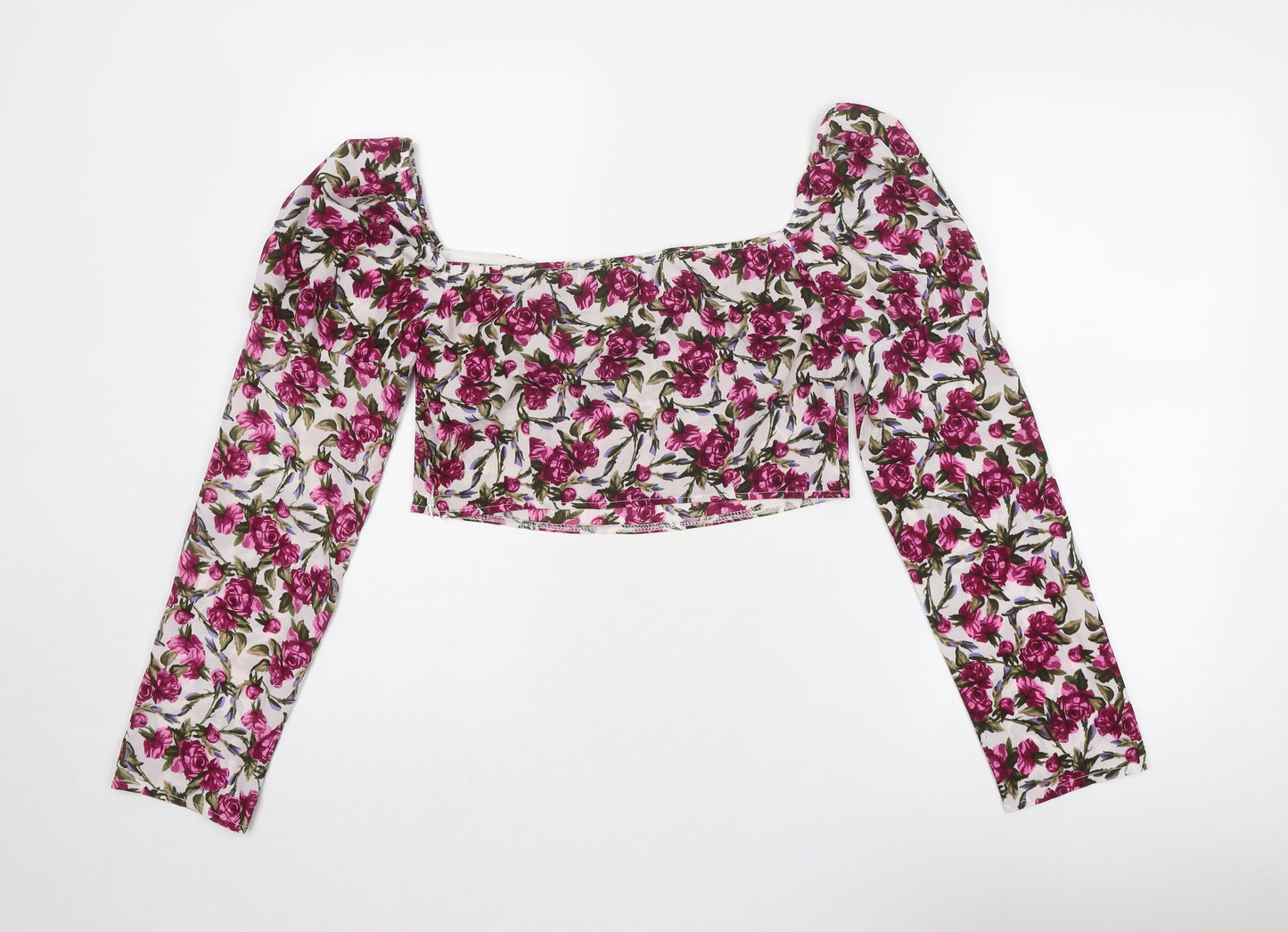 NaaNaa Womens Purple Floral Polyester Cropped Blouse Size 12 Square Neck - Rose Print