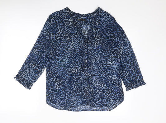 Zara Womens Blue Animal Print Polyester Basic Blouse Size S V-Neck - Leopard Print