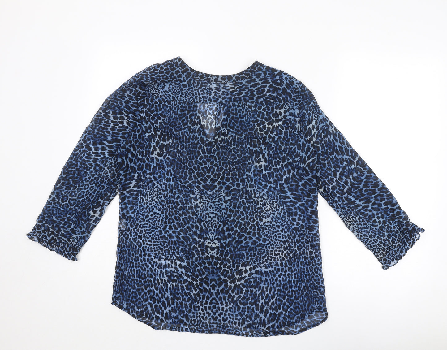 Zara Womens Blue Animal Print Polyester Basic Blouse Size S V-Neck - Leopard Print