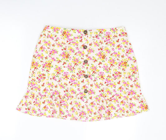 Topshop Womens Multicoloured Floral Polyester Skater Skirt Size 14 Button