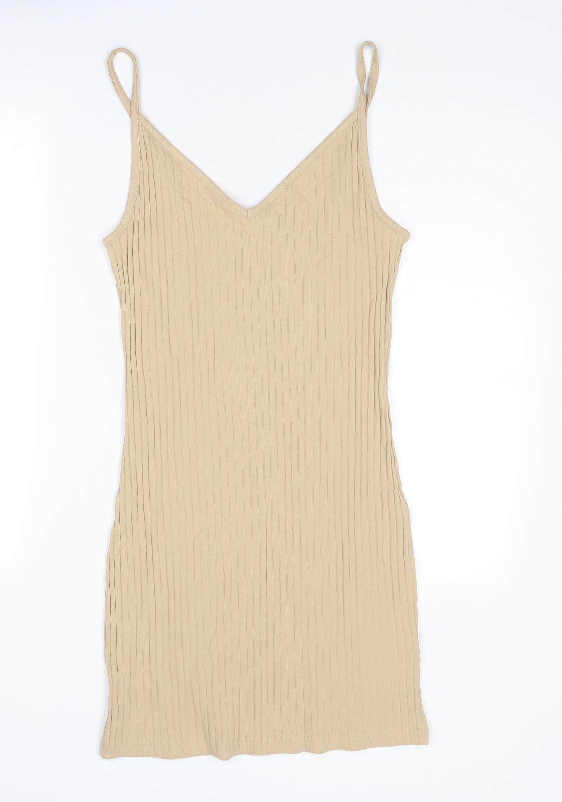 Divided by H&M Womens Beige Cotton Bodycon Size M V-Neck Pullover