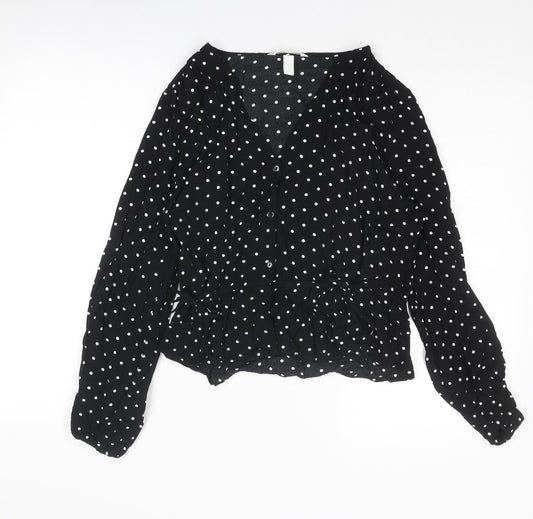 H&M Womens Black Polka Dot Viscose Basic Blouse Size 12 V-Neck