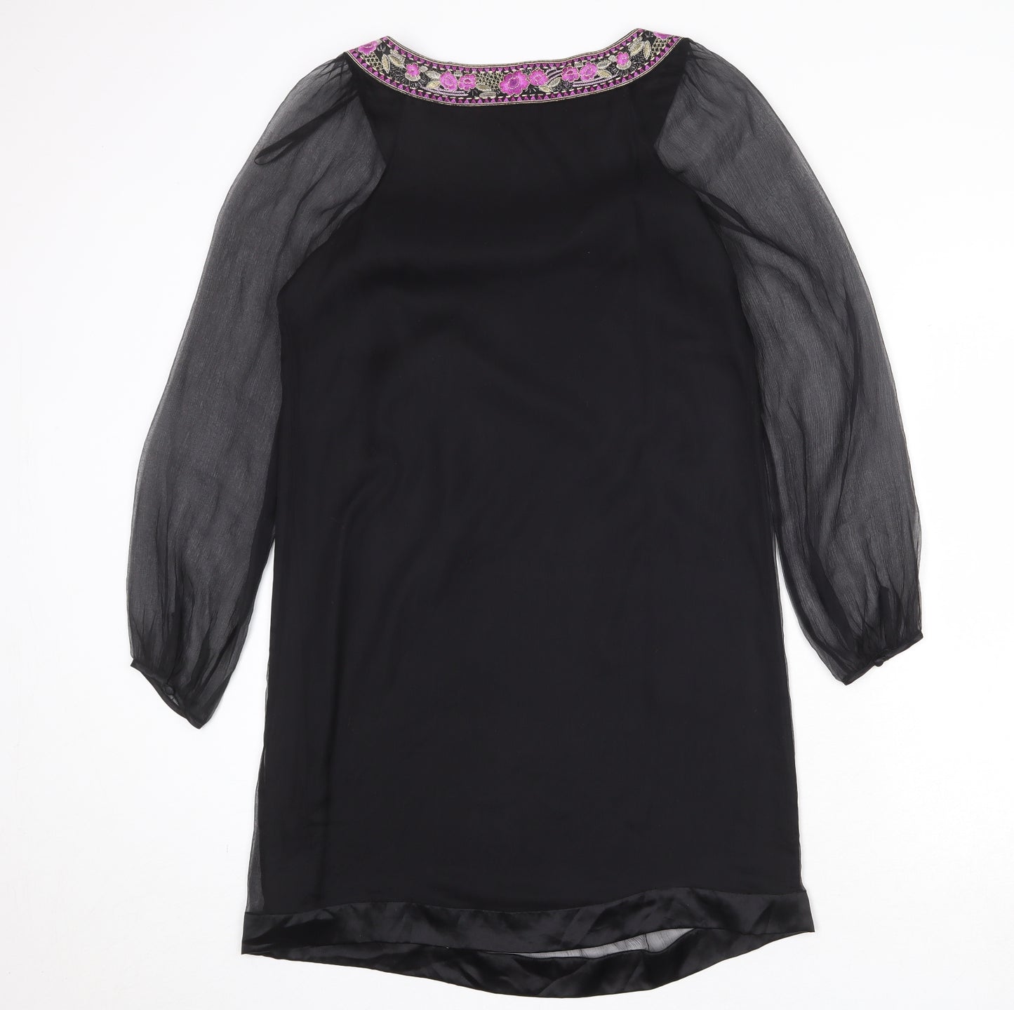 Monsoon Womens Black Silk Shift Size 10 Boat Neck Pullover - Sheer Sleeves