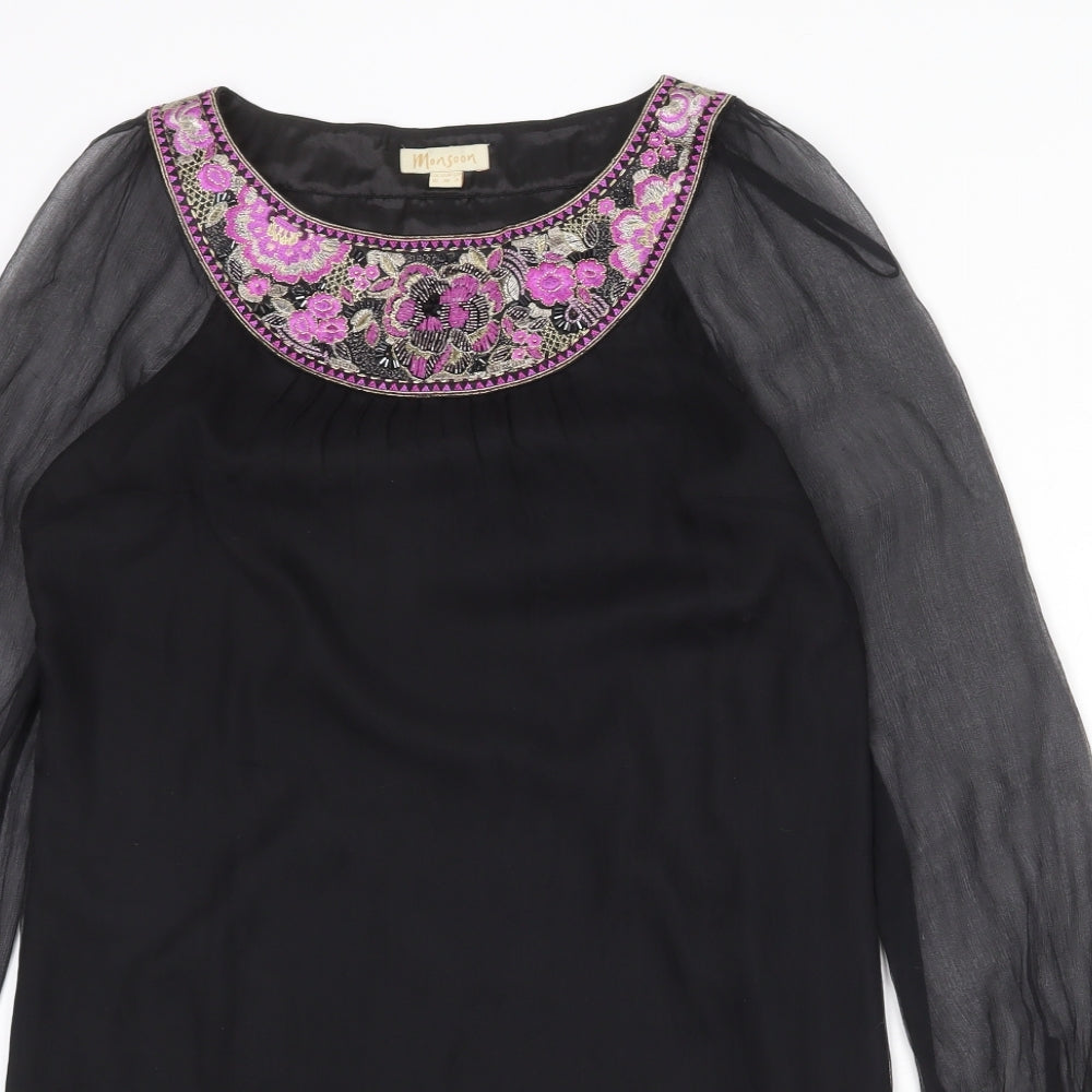 Monsoon Womens Black Silk Shift Size 10 Boat Neck Pullover - Sheer Sleeves