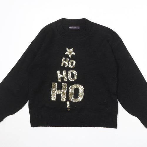 Marks and Spencer Womens Black Round Neck Polyester Pullover Jumper Size S - HO HO HO Christmas