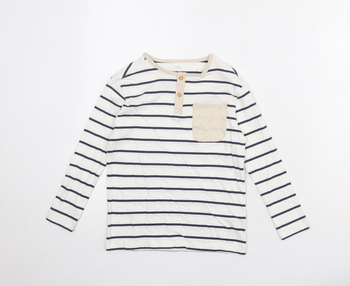 Marks and Spencer Boys White Striped 100% Cotton Pullover T-Shirt Size 6-7 Years Henley Button