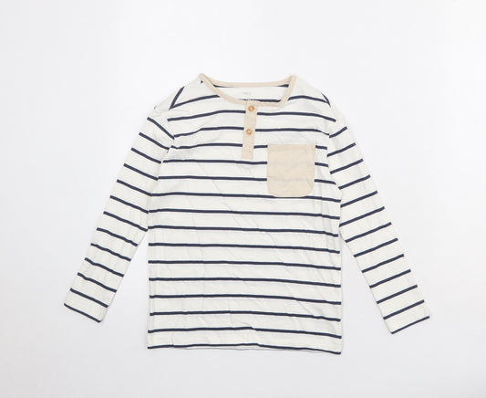 Marks and Spencer Boys White Striped 100% Cotton Pullover T-Shirt Size 6-7 Years Henley Button