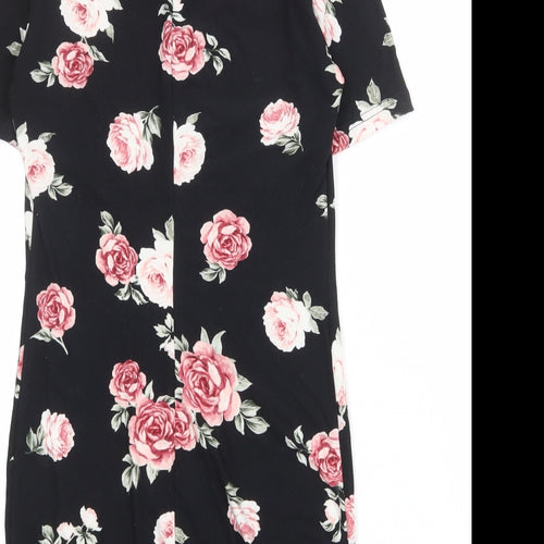 New Look Girls Black Floral Polyester T-Shirt Dress Size 10-11 Years Mock Neck Pullover
