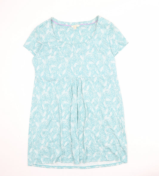 White Stuff Womens Blue Geometric 100% Cotton T-Shirt Dress Size 16 Round Neck Button - Leaf Pattern