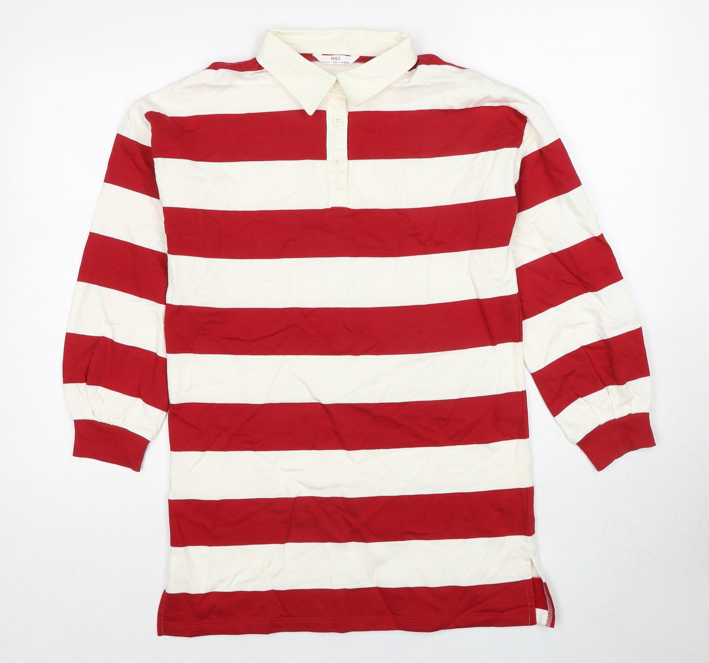 Marks and Spencer Boys Red Striped Cotton Basic T-Shirt Size 10-11 Years Collared Pullover