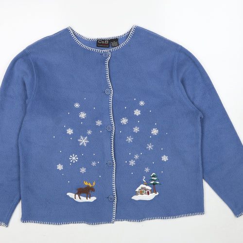 Croft & Barrow Womens Blue Jacket Size M Button - Christmas Reindeer