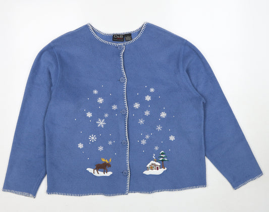 Croft & Barrow Womens Blue Jacket Size M Button - Christmas Reindeer