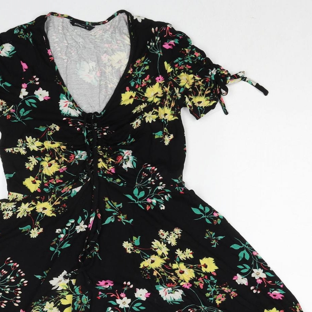 Roman Womens Black Floral Viscose Fit & Flare Size 10 V-Neck Pullover - Tie Sleeve Detail