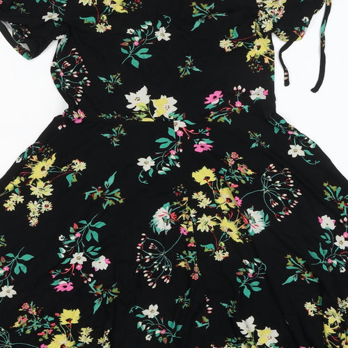 Roman Womens Black Floral Viscose Fit & Flare Size 10 V-Neck Pullover - Tie Sleeve Detail