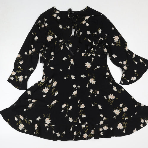 Boohoo Womens Black Floral Polyester Fit & Flare Size 12 Round Neck Pullover