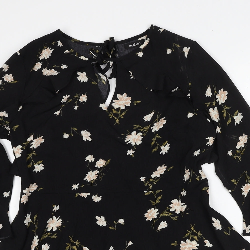 Boohoo Womens Black Floral Polyester Fit & Flare Size 12 Round Neck Pullover