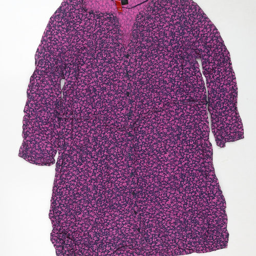Divided by H&M Womens Purple Floral Cotton A-Line Size 14 V-Neck Button