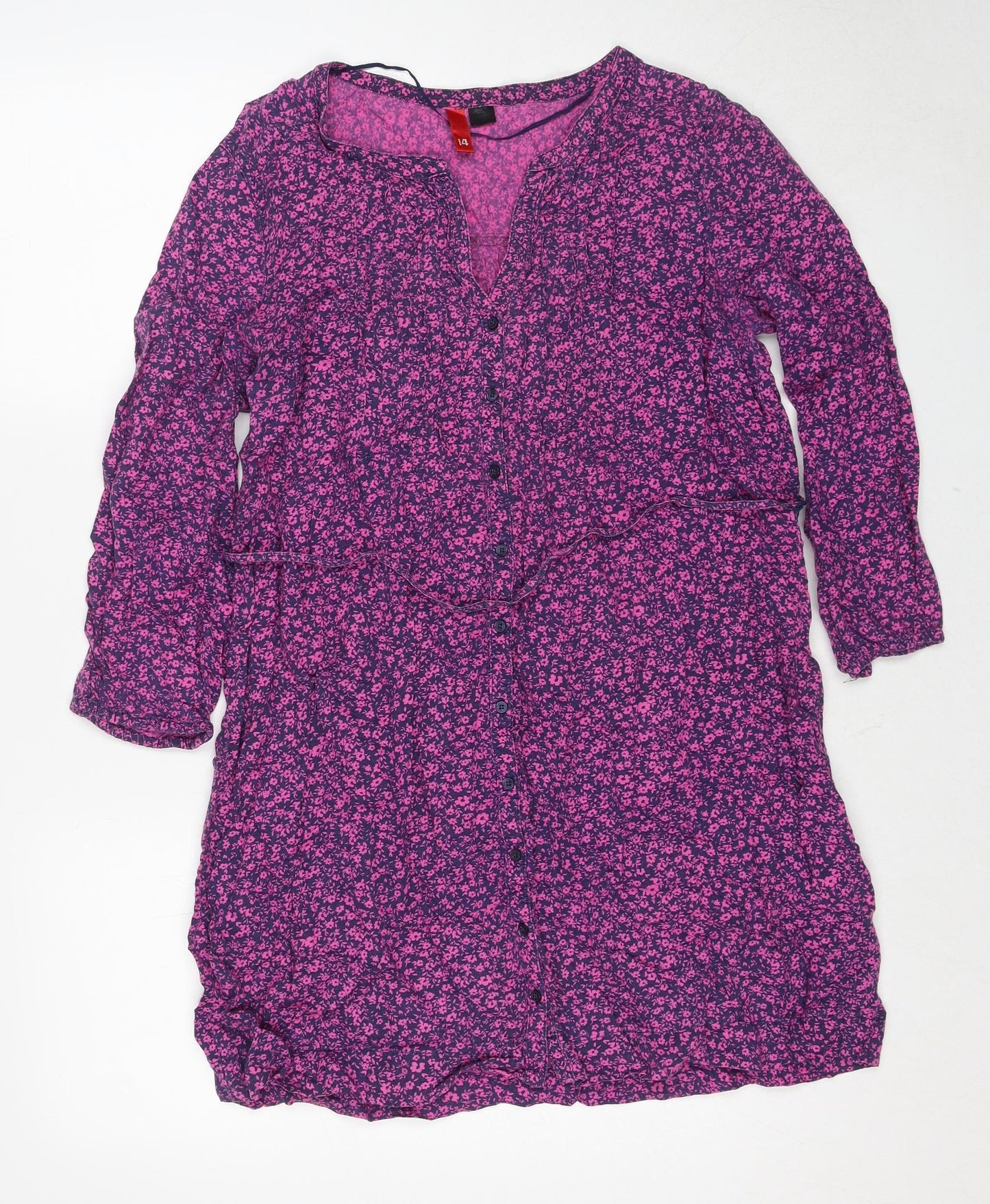 Divided by H&M Womens Purple Floral Cotton A-Line Size 14 V-Neck Button