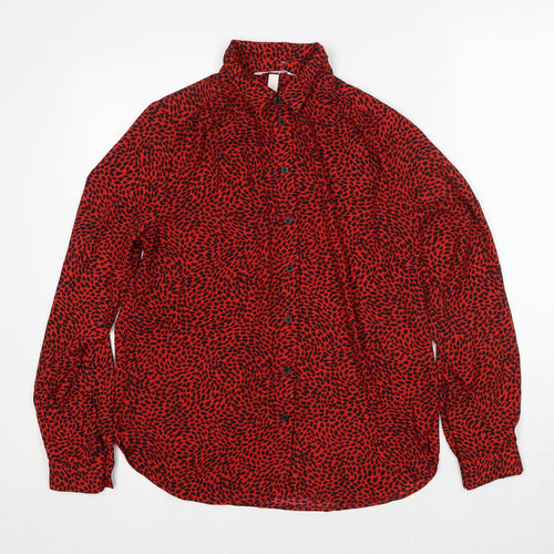 H&M Womens Red Geometric Polyester Basic Button-Up Size XS Collared - Cheetah Print