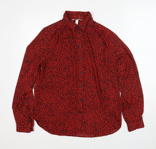 H&M Womens Red Geometric Polyester Basic Button-Up Size XS Collared - Cheetah Print