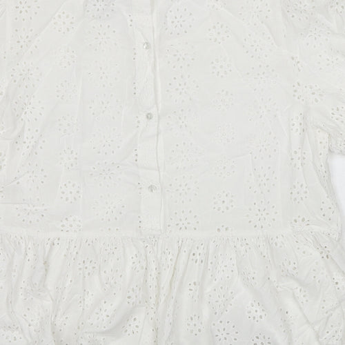 New Look Womens White Geometric Cotton Basic Blouse Size 12 Round Neck