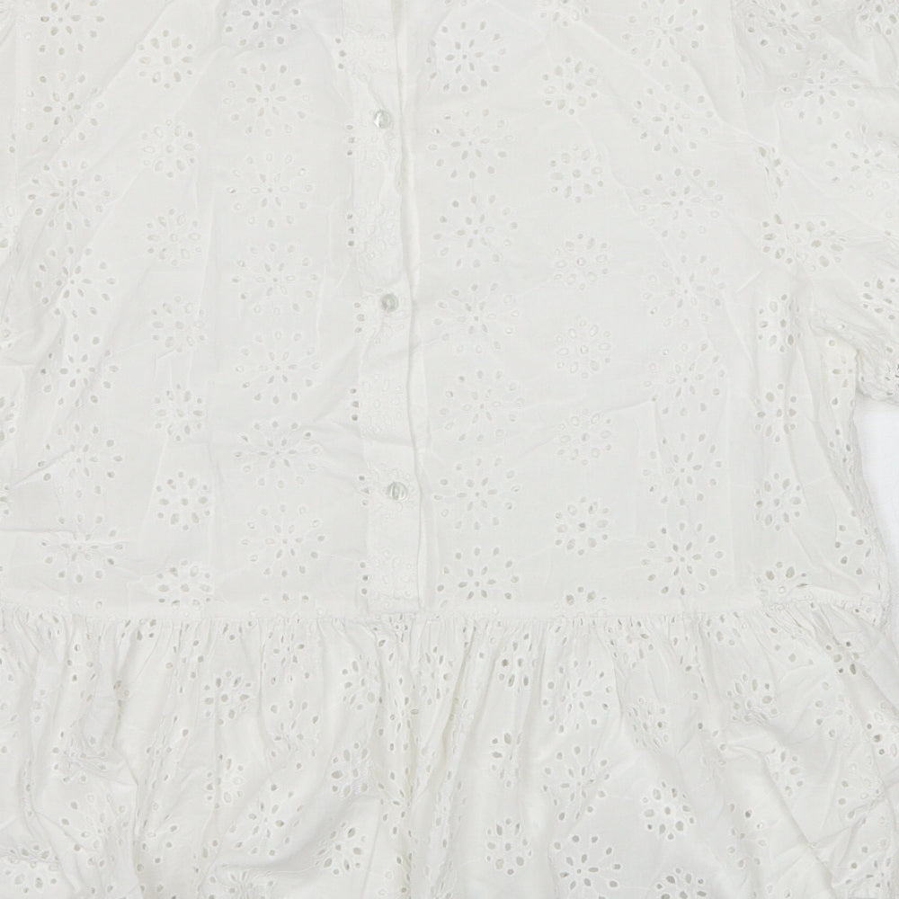 New Look Womens White Geometric Cotton Basic Blouse Size 12 Round Neck