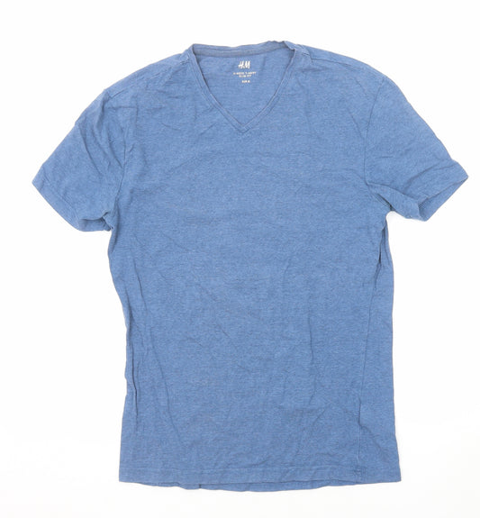 H&M Mens Blue Cotton T-Shirt Size M V-Neck