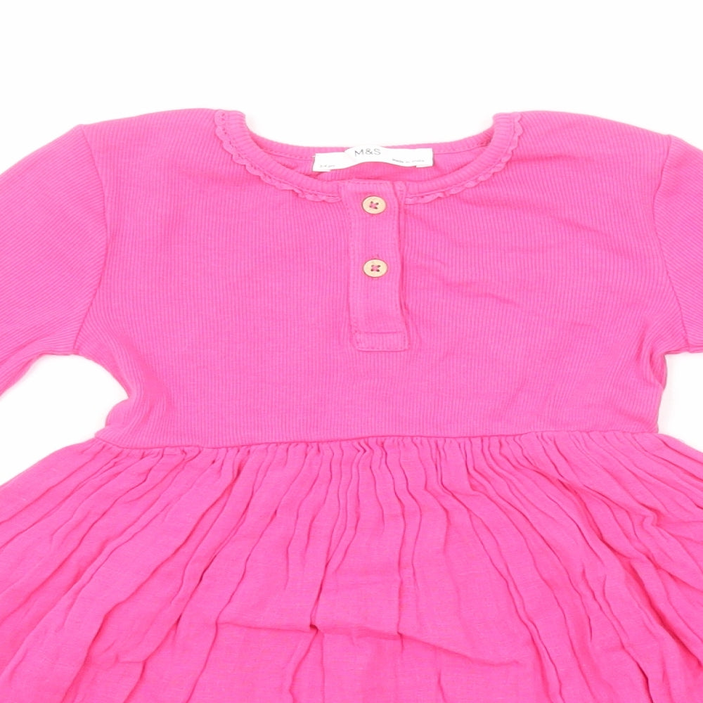 Marks and Spencer Girls Pink Cotton Skater Dress Size 3-4 Years Boat Neck Button - Ribbed Top