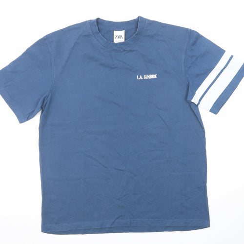 Zara Mens Blue Cotton T-Shirt Size M Round Neck - L.A Sunrise
