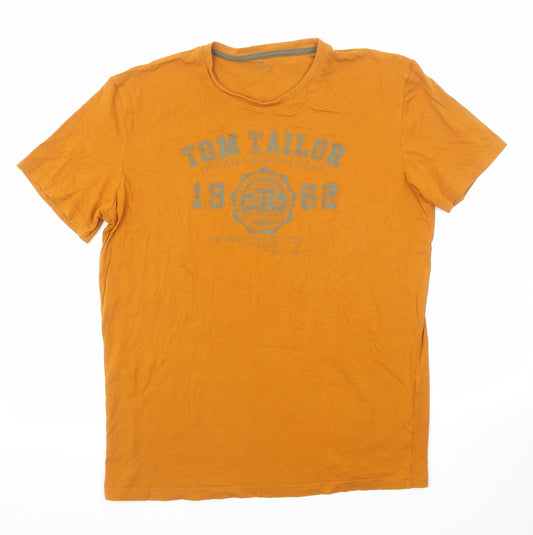 TOM TAILOR Mens Orange Cotton T-Shirt Size L Round Neck