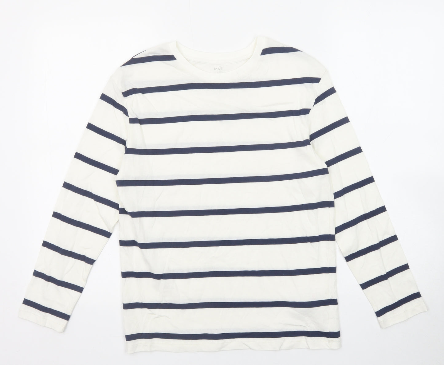 Marks and Spencer Boys Blue Striped Cotton Basic T-Shirt Size 11-12 Years Crew Neck Pullover