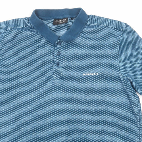 McKenzie Mens Blue Geometric Cotton Polo Size L Collared Button