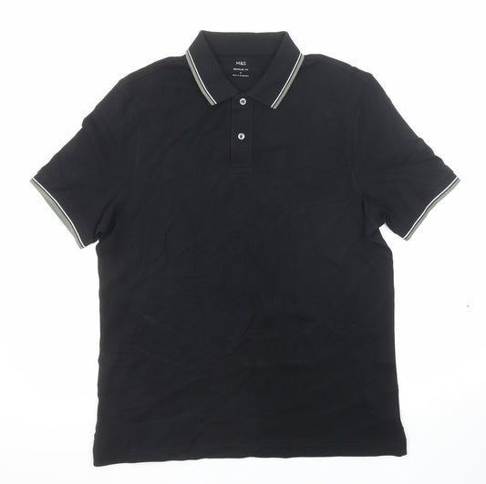 Marks and Spencer Mens Black Cotton Polo Size M Collared Button
