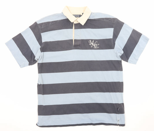 Maine New England Mens Blue Striped Cotton Polo Size L Collared Button