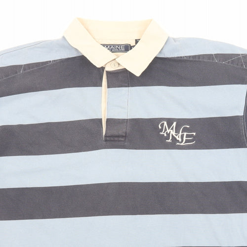 Maine New England Mens Blue Striped Cotton Polo Size L Collared Button