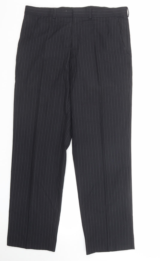 Marks and Spencer Mens Black Striped Polyester Trousers Size 34 in L31 in Regular Zip